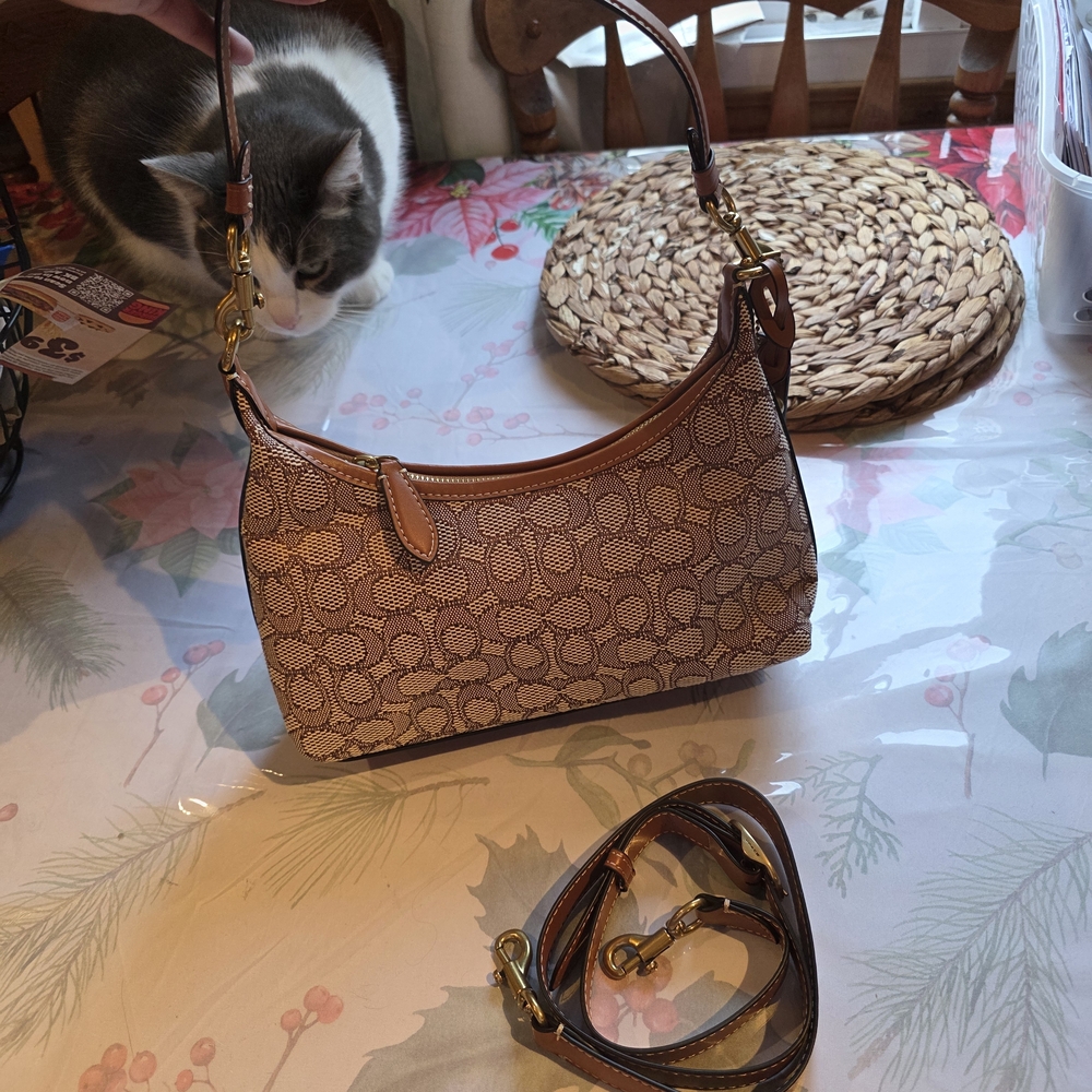 Coach Brown Signature Jacquard Shoulder Bag with Leather Trim